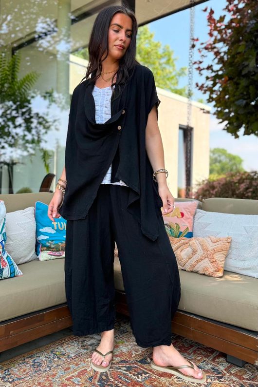 Sandbar Linen Blend Drape Front Cap Sleeve Gilet Black